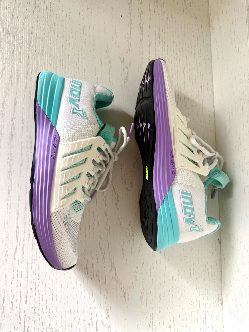 Inov F-Lite Women’s Athletic Trainers White with Mint and Purple Accent size 10